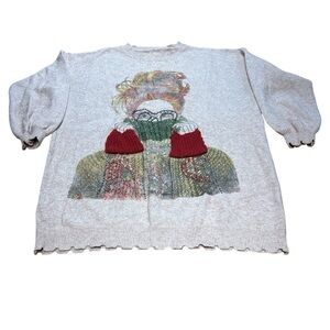 Whimsical Art Graphic Sweater Rhinestone Beaded 3D Mittens Scalloped Hem Large